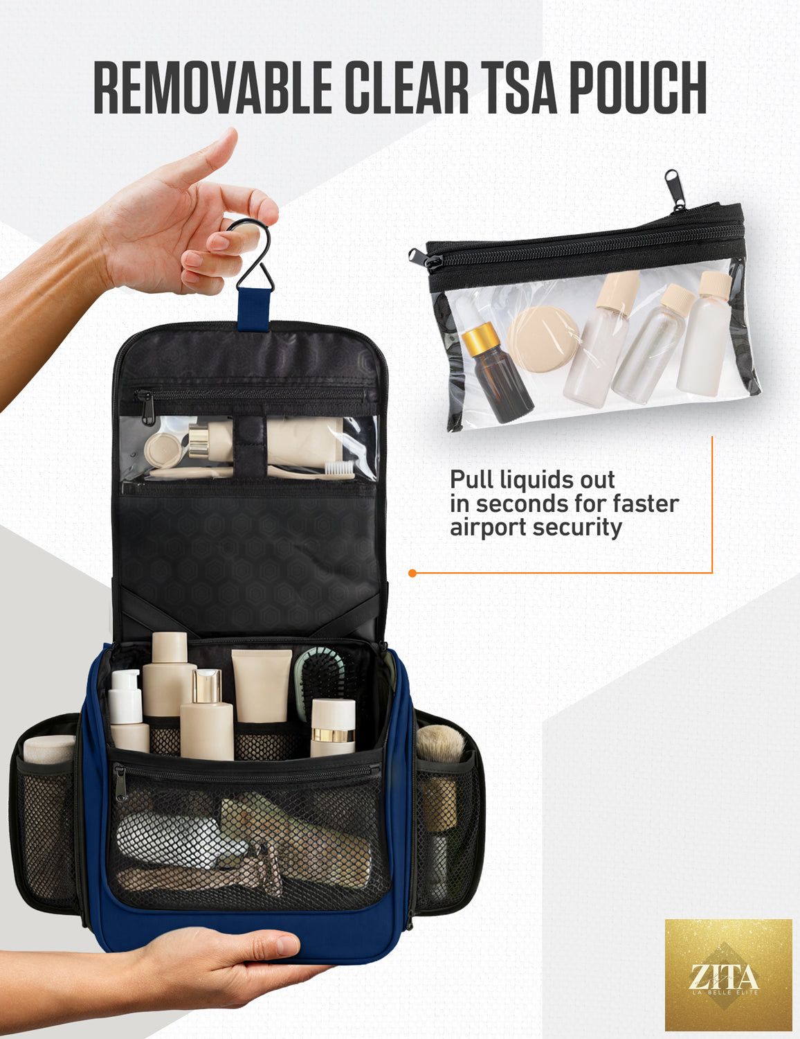 Navy blue VENTURE 4TH hanging travel toiletry bag with multiple compartments and hanging hook for easy organization.
