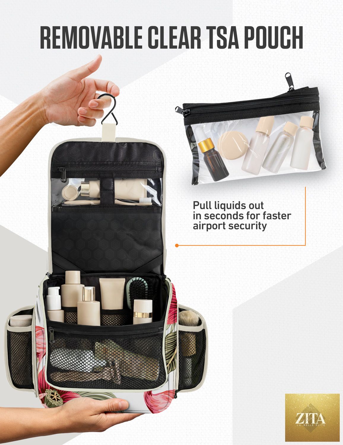 Pink flamingo hanging travel toiletry bag by VENTURE 4TH with multiple compartments and adjustable hook for easy packing.