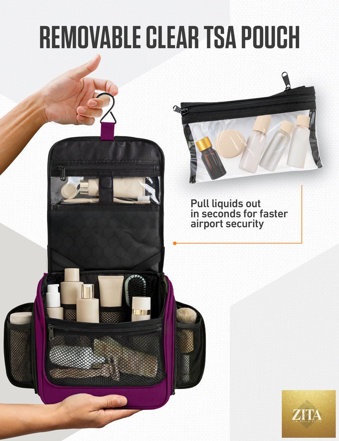 Venture 4th purple and black hanging travel toiletry bag with multiple compartments and hanging hook for easy organization.