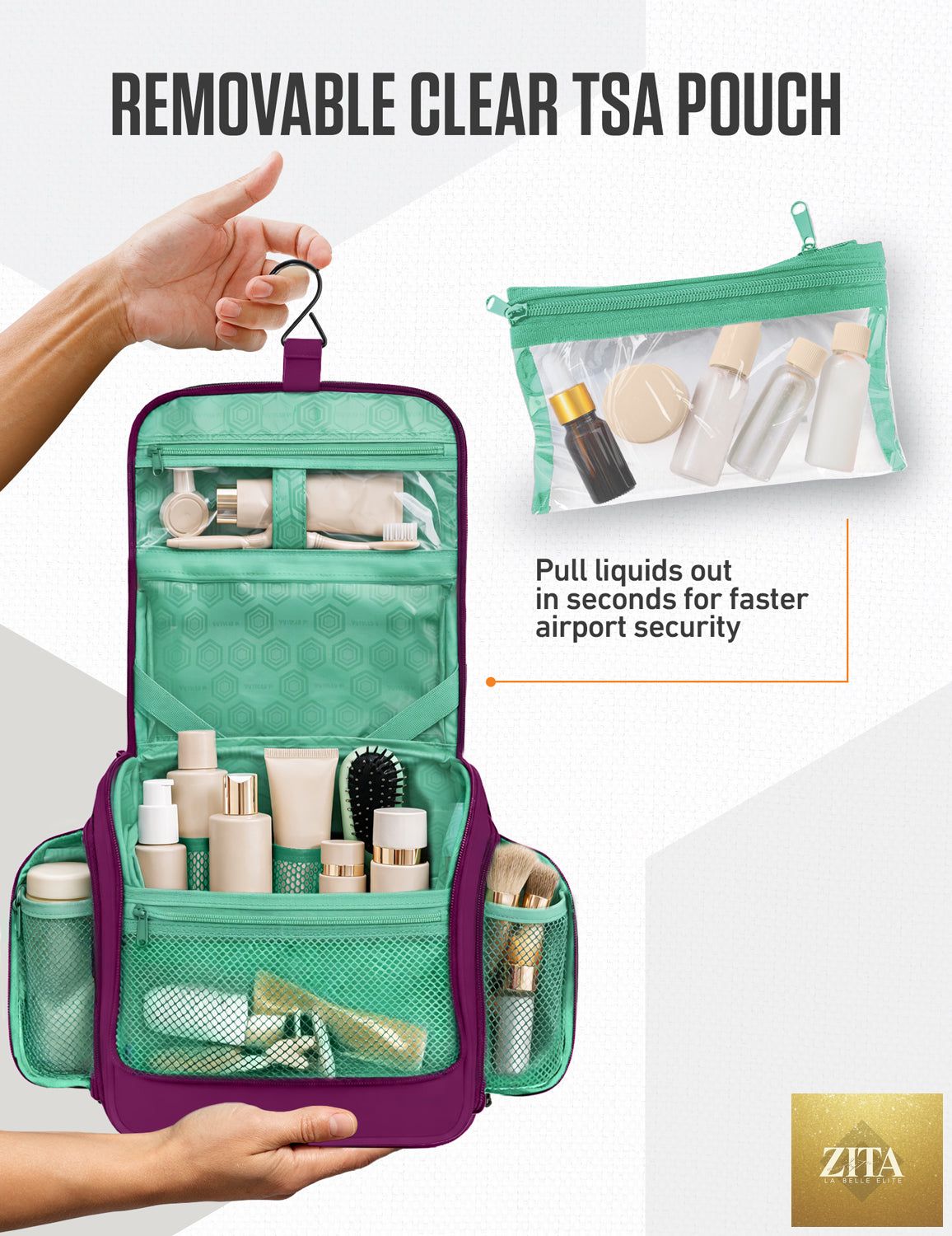Venture 4th purple and mint hanging travel toiletry bag with multiple compartments and hanging hook for easy organization