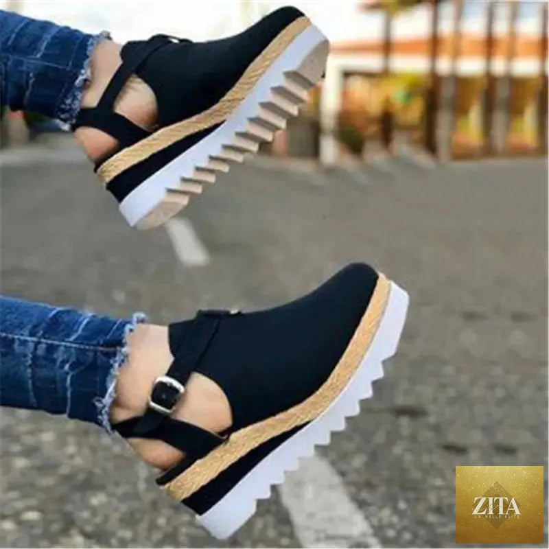 Trendy Attic Store01 women's wedge heel platform shoes with open toe and ankle strap in neutral color.
