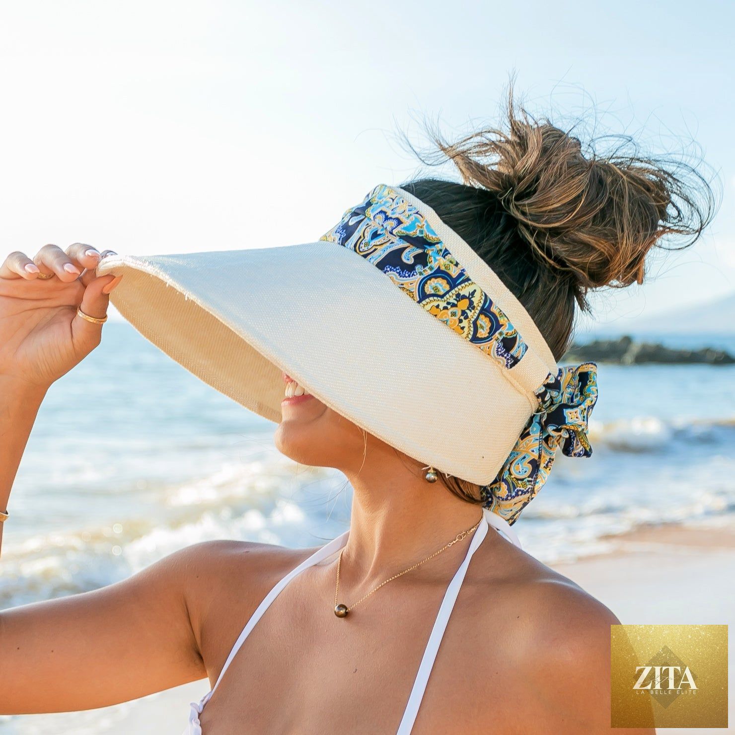 Aili's Corner sun visor with scarf accent, lightweight and stylish accessory for sun protection and fashion.