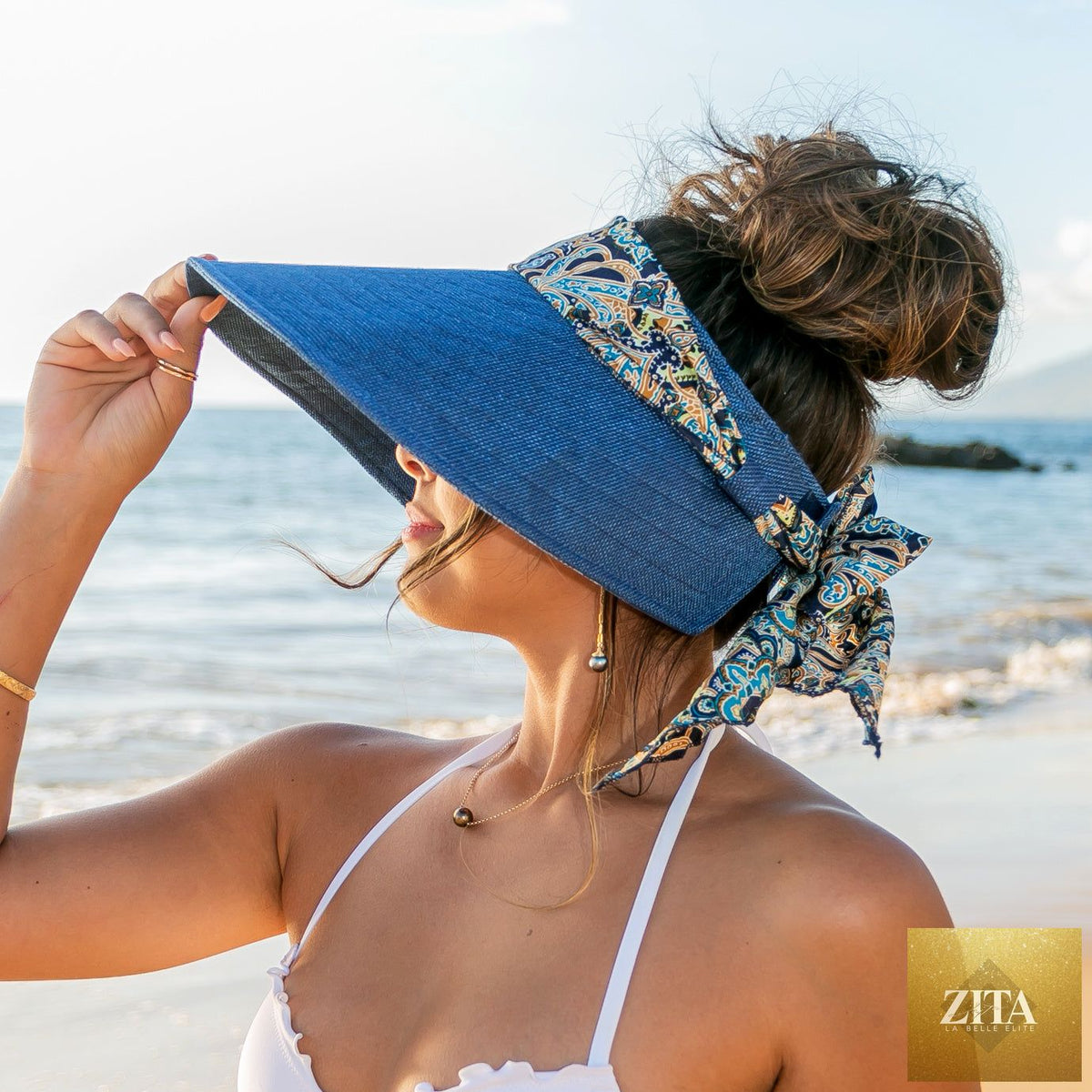 Aili's Corner sun visor with stylish scarf accent, wide brim for sun protection, lightweight and fashionable accessory.