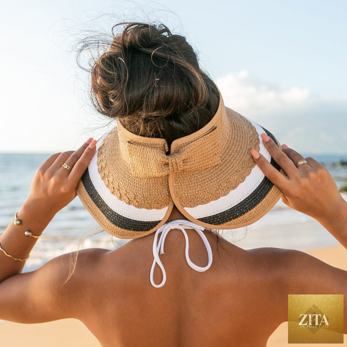 Color block roll-up sun visor by Aili's Corner with vibrant panels and adjustable fit, perfect for outdoor sun protection.