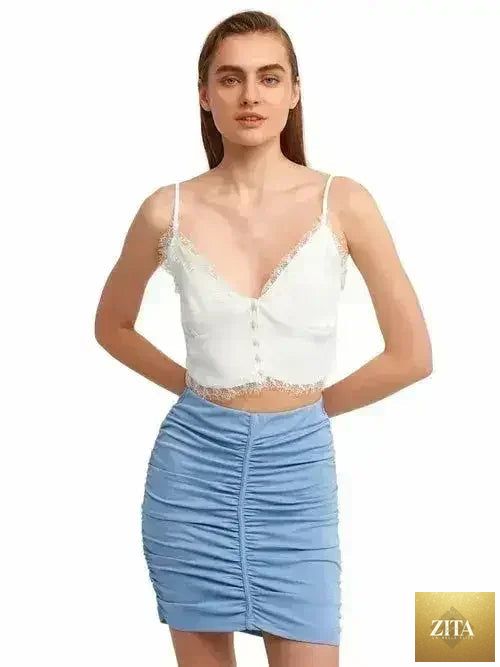 Lace detail crop top by Femstylo featuring a feminine style, made from rayon-viscose blend fabric with intricate lace accents.
