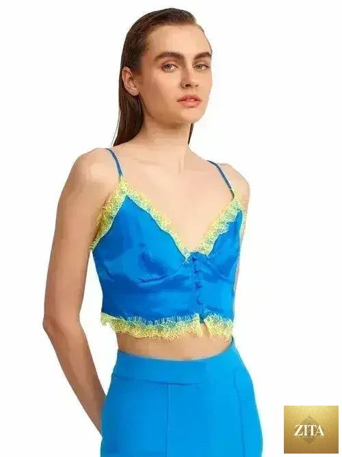 Lace detail crop top in rayon-viscose blend from Femstylo, showing feminine style and intricate lace accents.