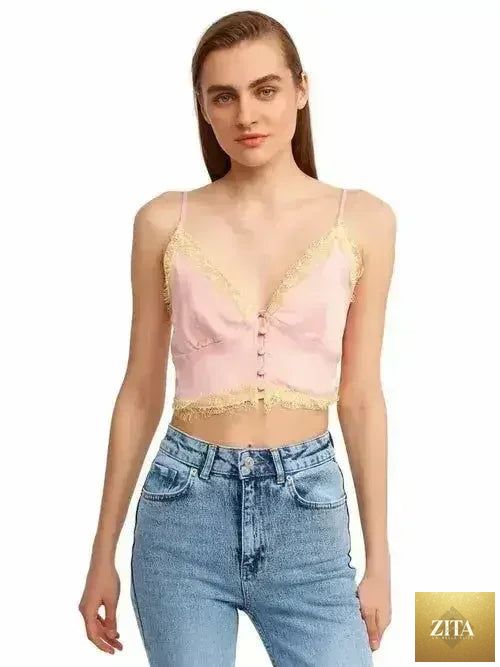 Lace detail crop top by Femstylo in rayon-viscose blend, featuring feminine style and delicate lace accents.