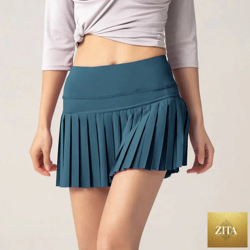 Onyx Flow Pleated Athletic Skirt – Built-In Shorts & Pockets
