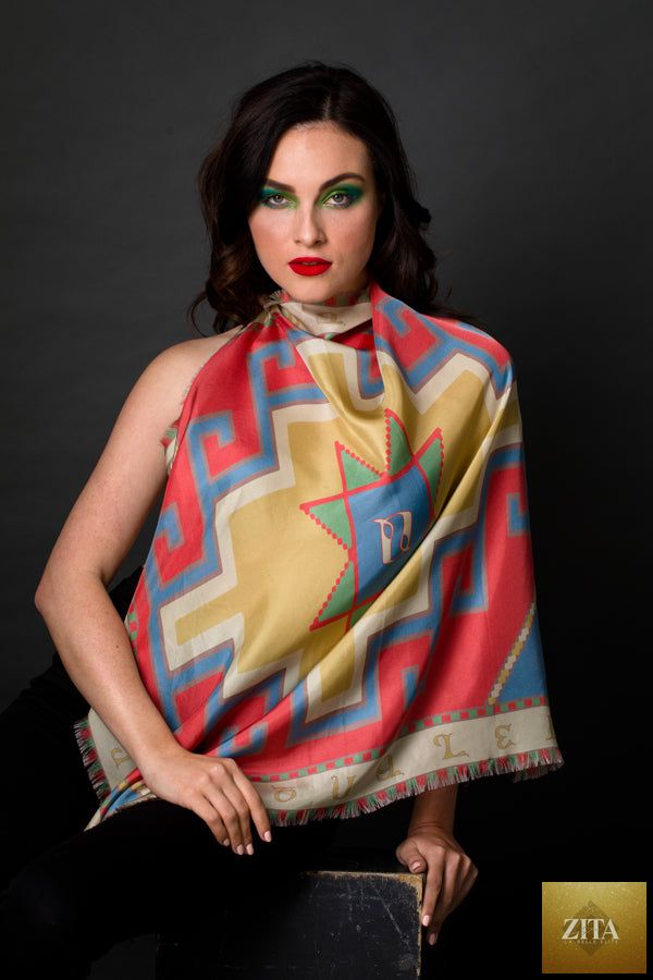 Silk square scarf featuring Armenian alphabet design by Anet's Collection LLC, with vibrant colors and intricate patterns.