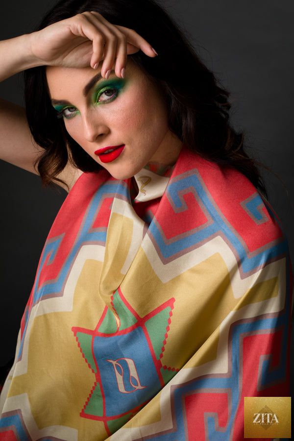 Silk square scarf featuring Armenian alphabet design from Anet's Collection LLC, showcasing vibrant colors and intricate patterns.