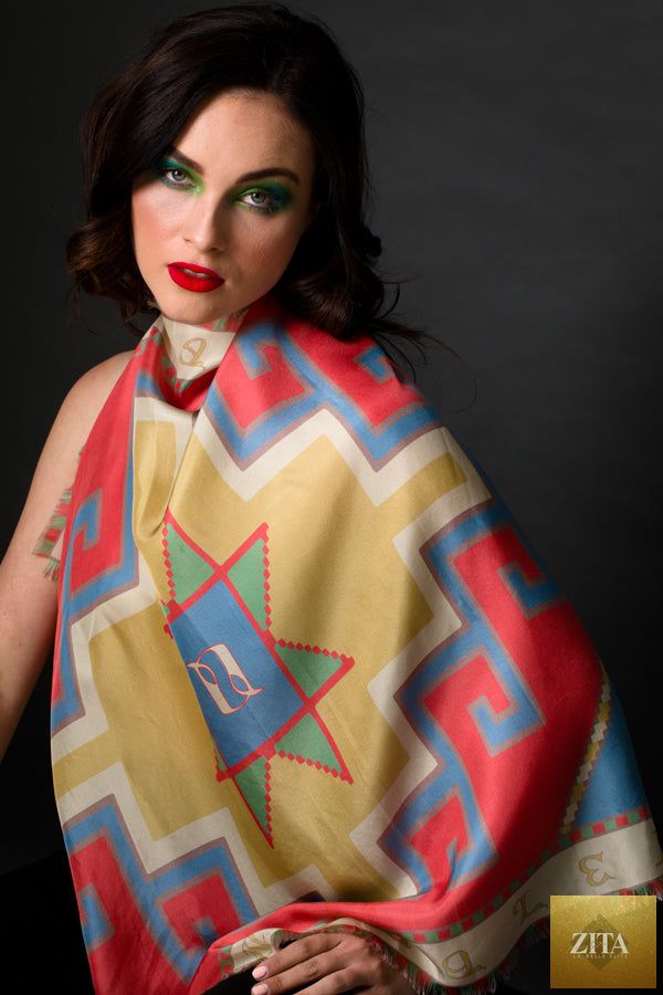 Silk square scarf featuring Armenian alphabet designs from Anet's Collection LLC, with vibrant colors and intricate lettering.