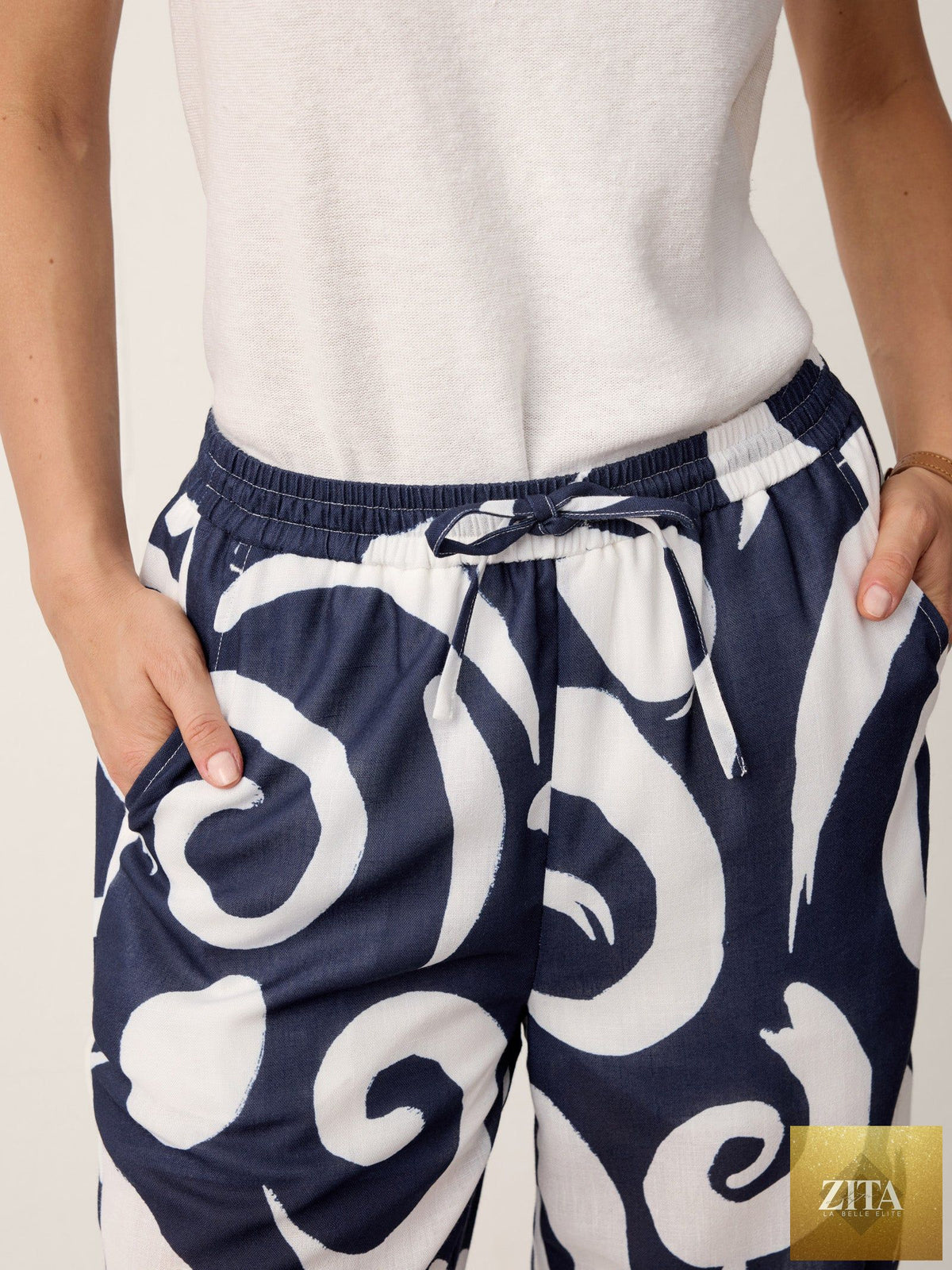Linen Abstract-Print Straight-Leg Pants ORLA