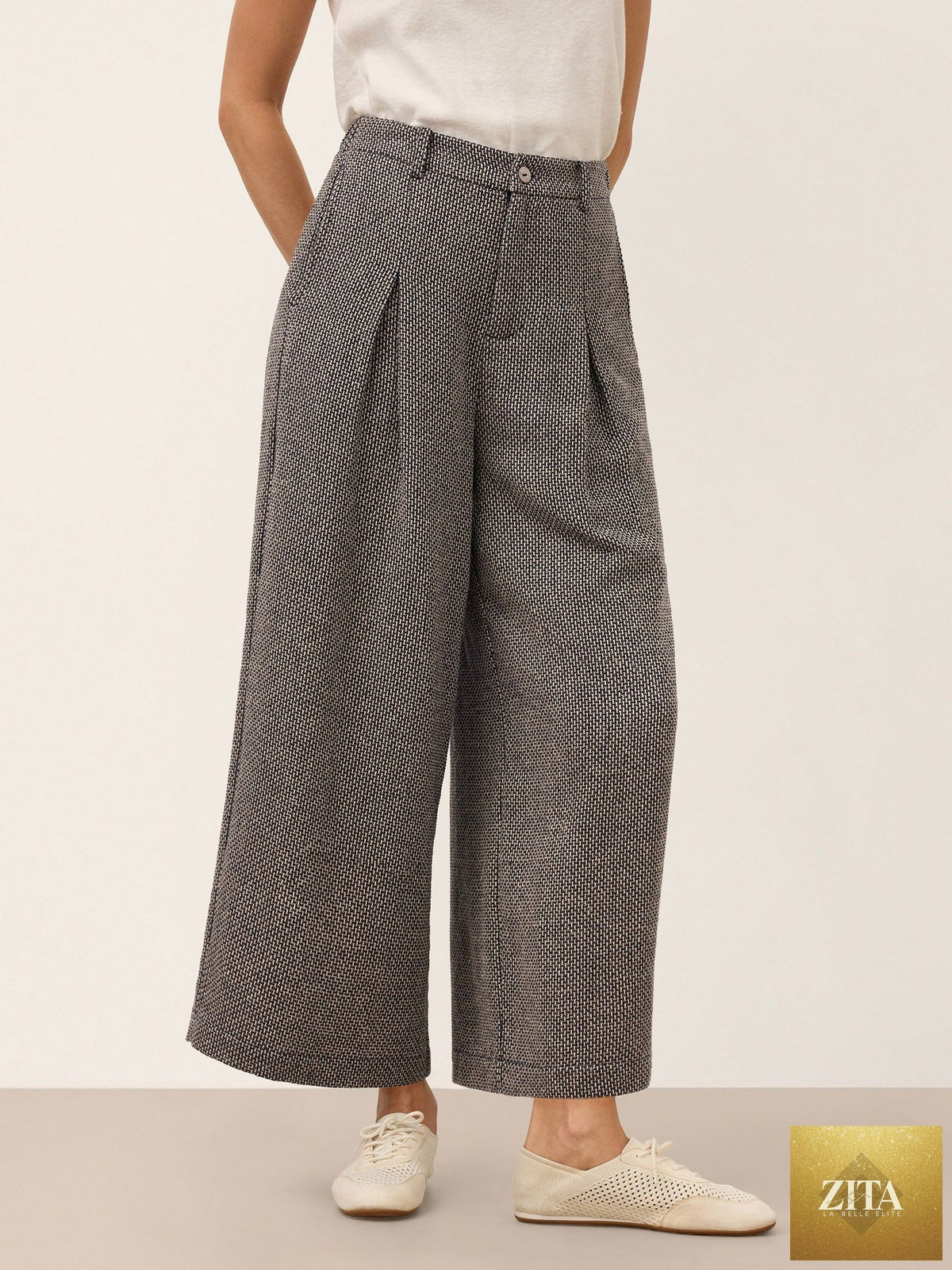 Linen Yarn Dyed Check Pleated Wide Leg Pants DELARA