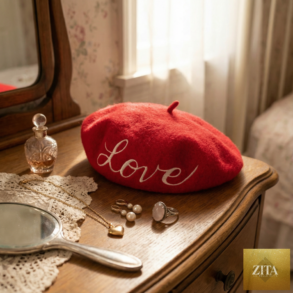 Red love-embroidered beret hat from The Bullish Store, featuring stylish embroidery and a classic, round shape.