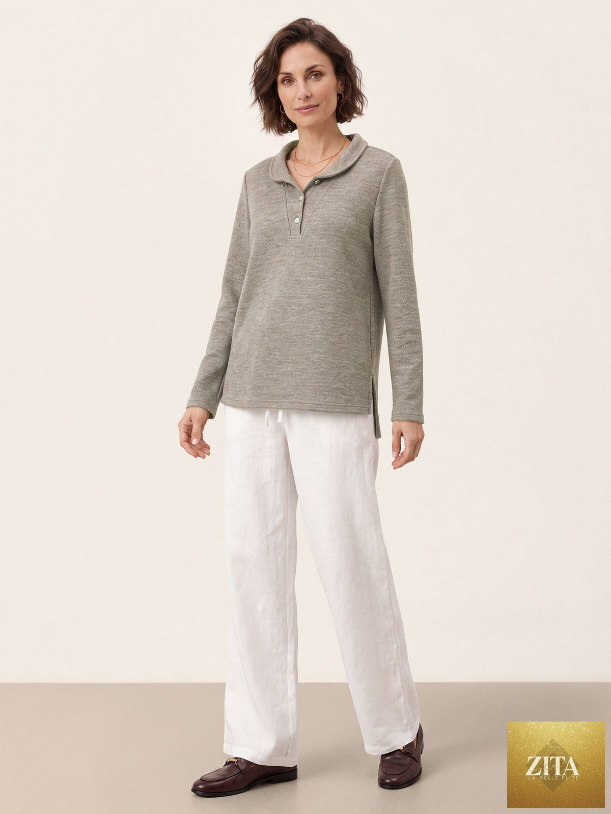 Lyocell Wool Peter Pan Collar Shell Button Knit Top ELIANE