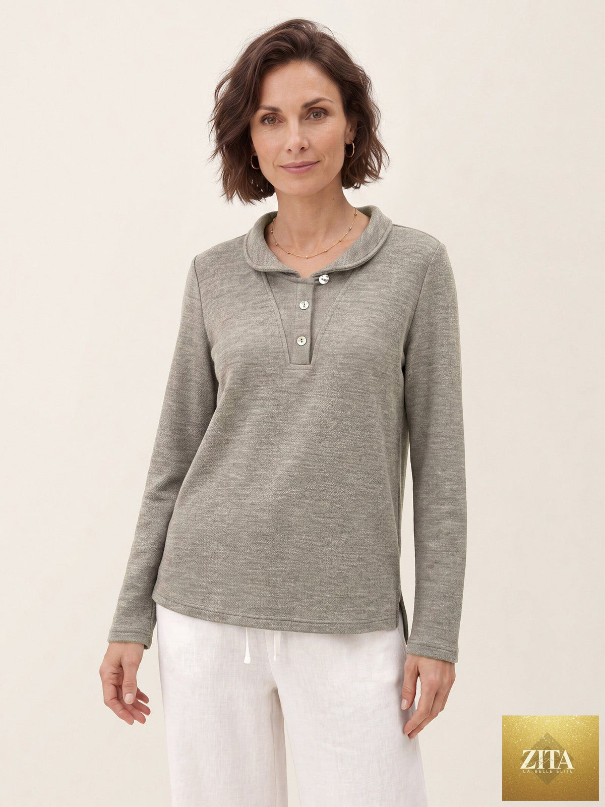 Lyocell Wool Peter Pan Collar Shell Button Knit Top ELIANE