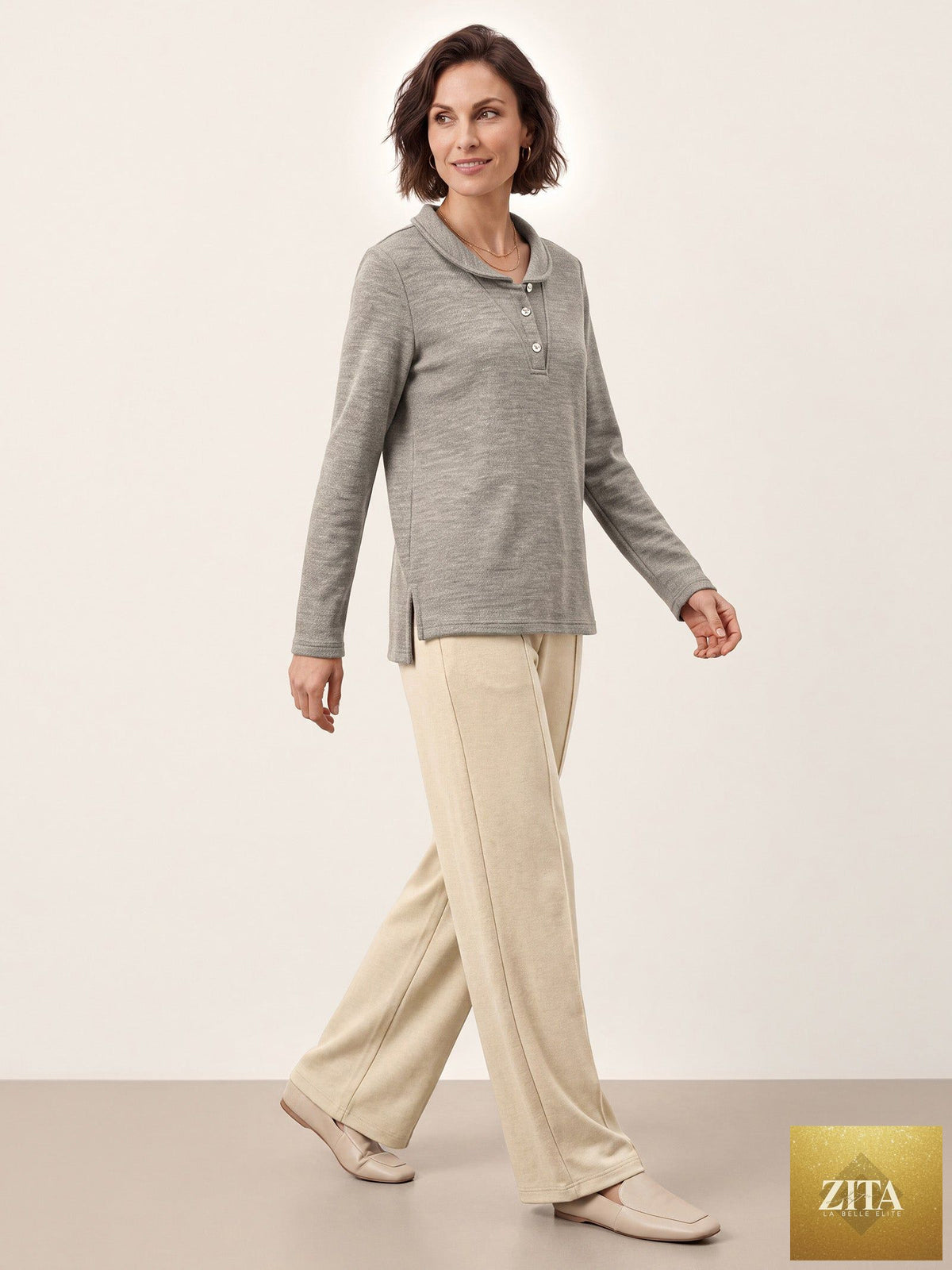 Lyocell Wool Peter Pan Collar Shell Button Knit Top ELIANE