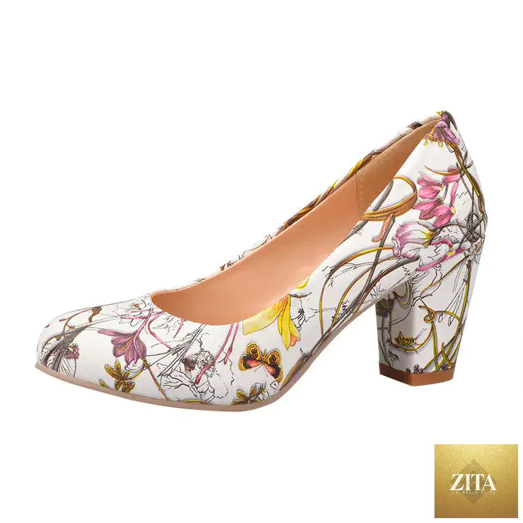 Elegant floral high heels for women with round toe, stylish Trendy Attic Store01 women’s shoes featuring a floral design.