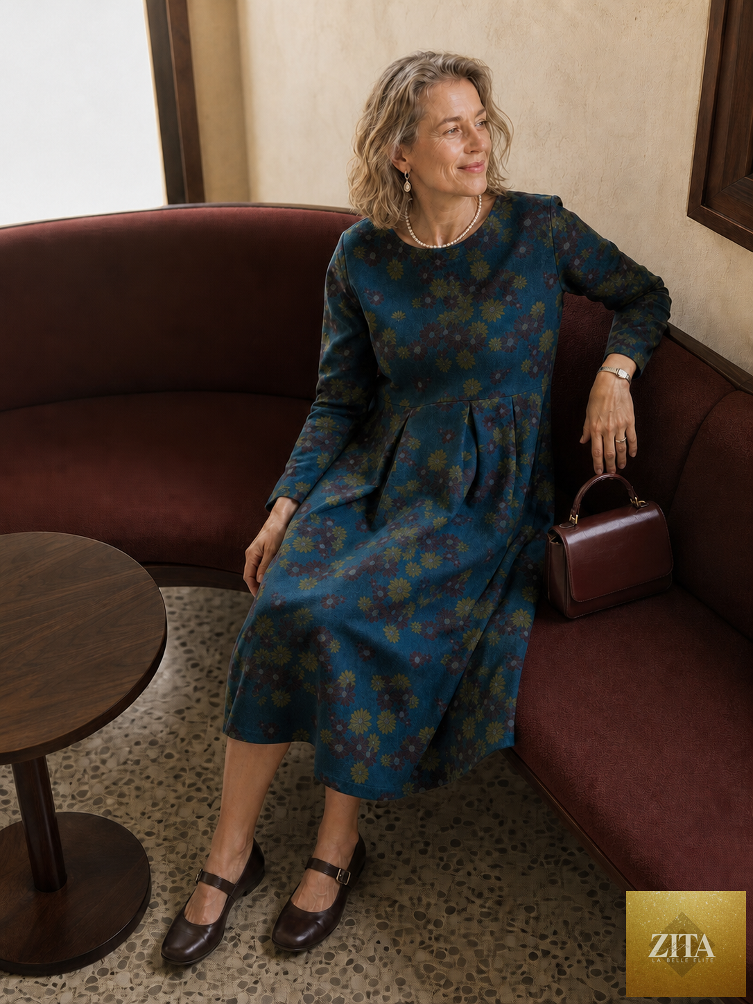 100% Organic Cotton Ruched Print Boat Neck Midi Dress CRESSIDA