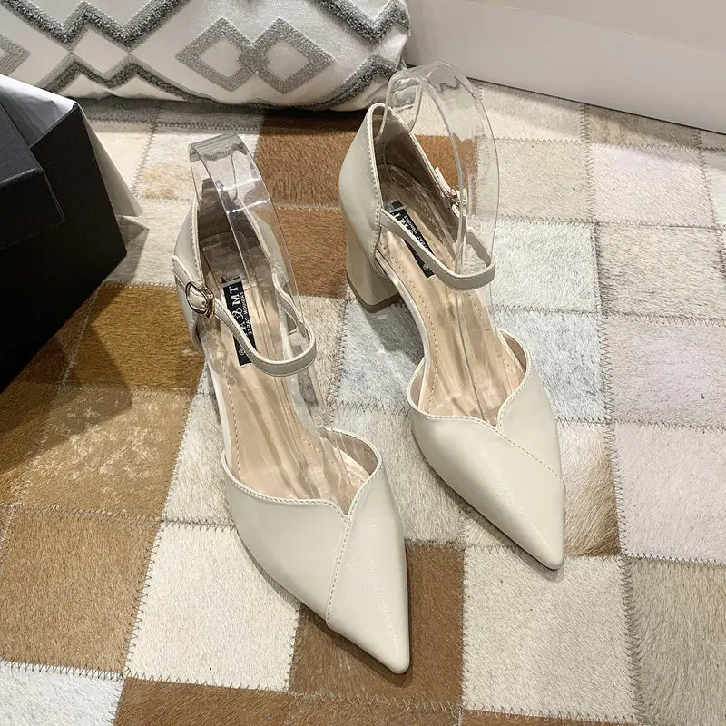 Women’s pointed toe high heels with thick heels, stylish one word sexy design from Trendy Attic Store01.