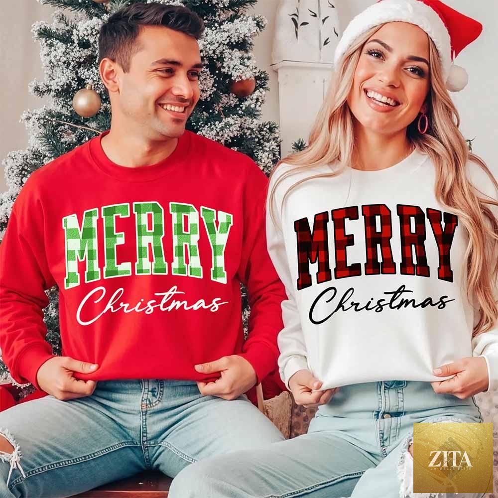 Adorb Custom Tees Merry Christmas sweatshirt with buffalo plaid crewneck, featuring festive holiday design on front.