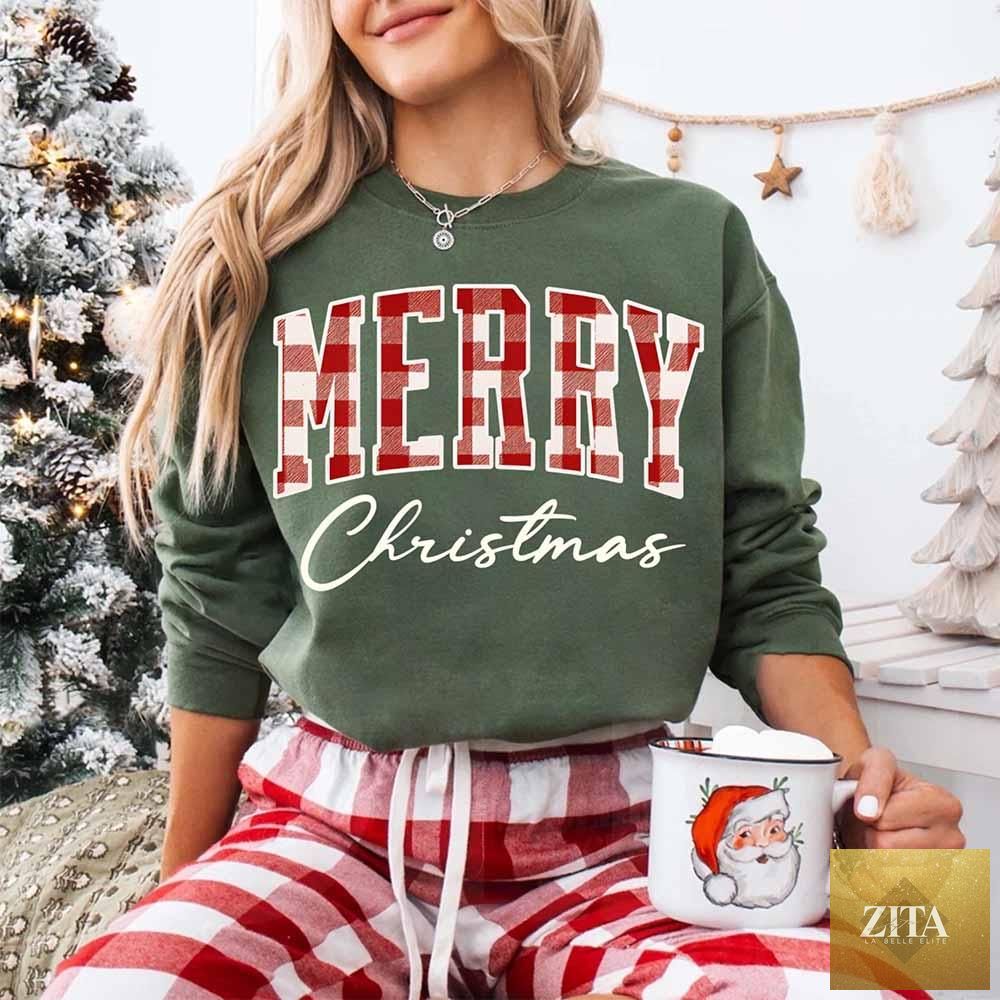 Adorb Custom Tees Merry Christmas sweatshirt with buffalo plaid design, crewneck style, in military green.