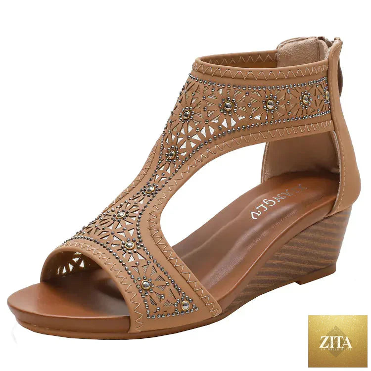 Bohemian women's summer wedge heel sandals with ankle straps and open toe design, stylish and comfortable for warm weather.