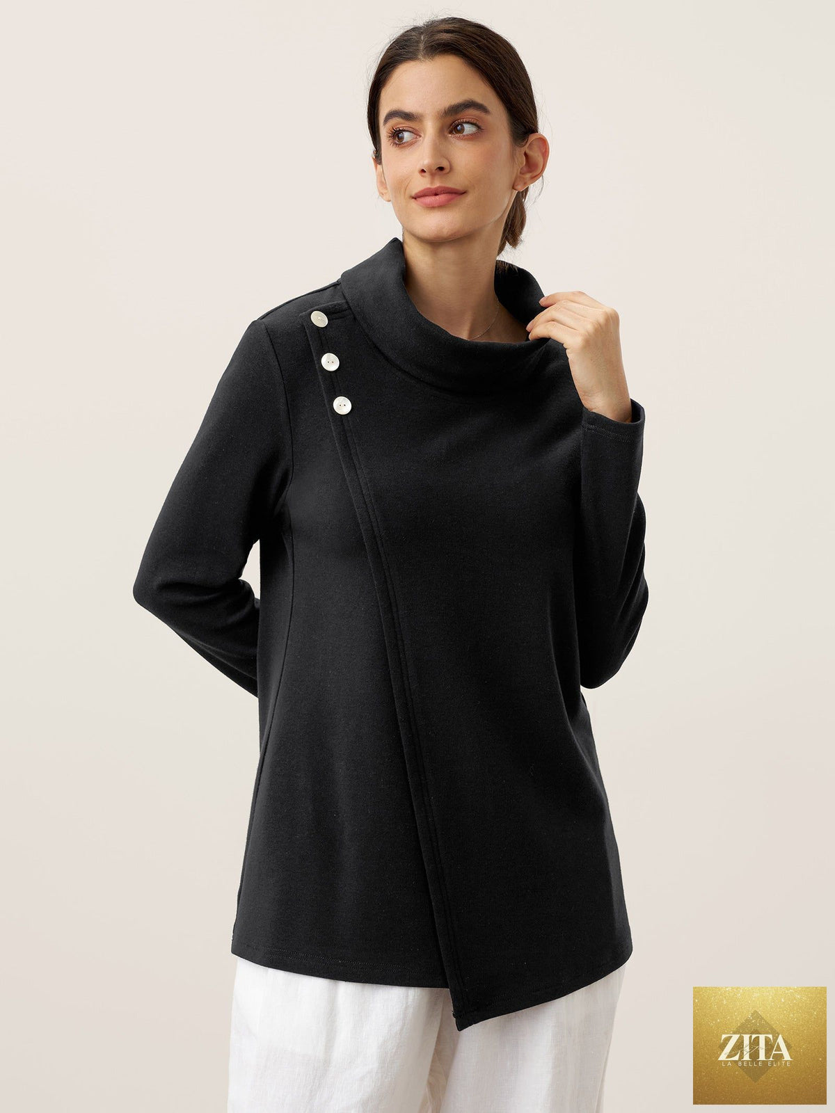 Mock Neck Buttoned Stretch Top ZARIA
