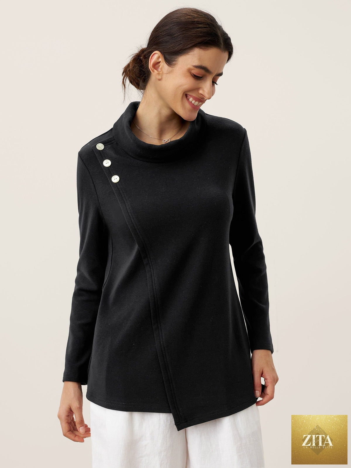 Mock Neck Buttoned Stretch Top ZARIA
