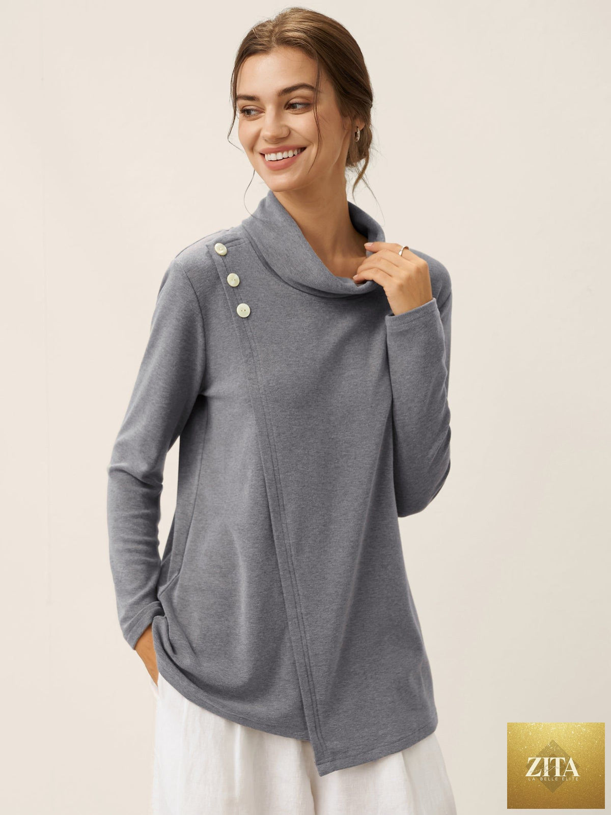 Mock Neck Buttoned Stretch Top ZARIA
