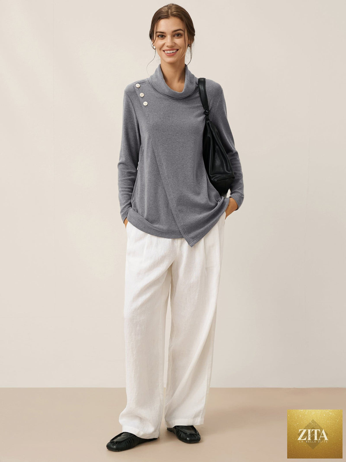 Mock Neck Buttoned Stretch Top ZARIA