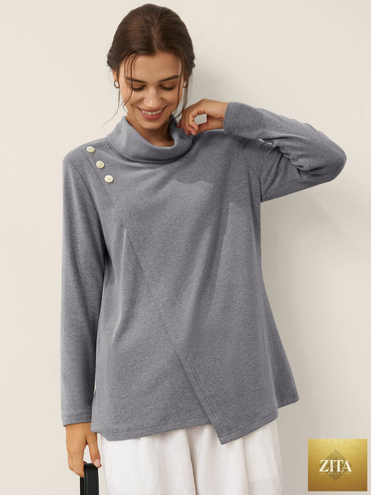 Mock Neck Buttoned Stretch Top ZARIA