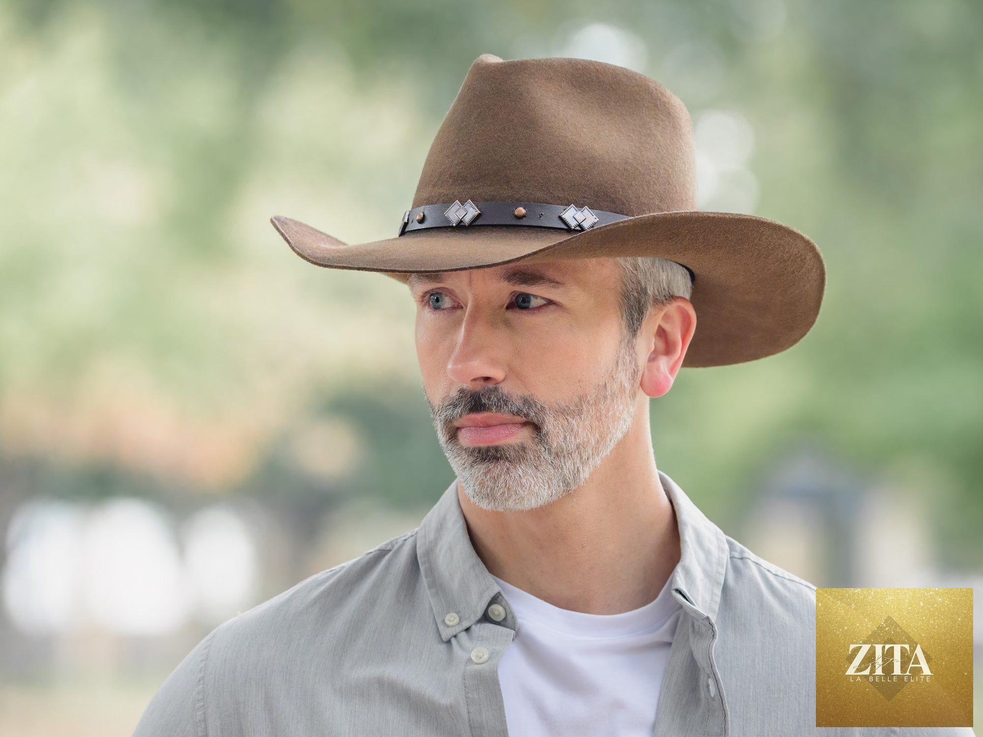 Bigalli Hats USA outdoor Merino wool felt cattleman hat, Rustler style with wide brim and leather band.
