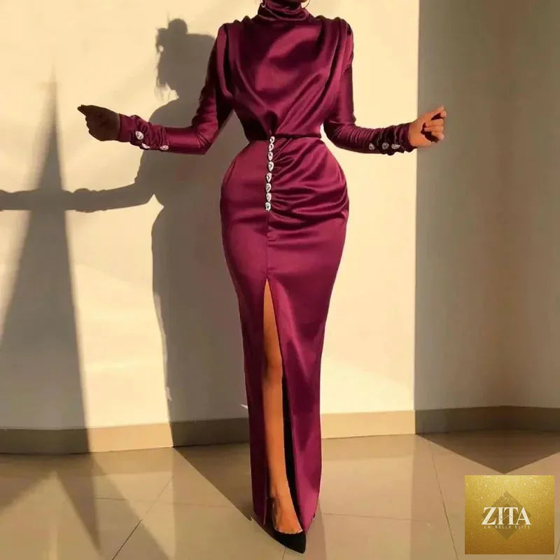 Women's long sleeve high waist split evening dress by Trendy Attic Store01, featuring a sleek, elegant design with a stylish slit.