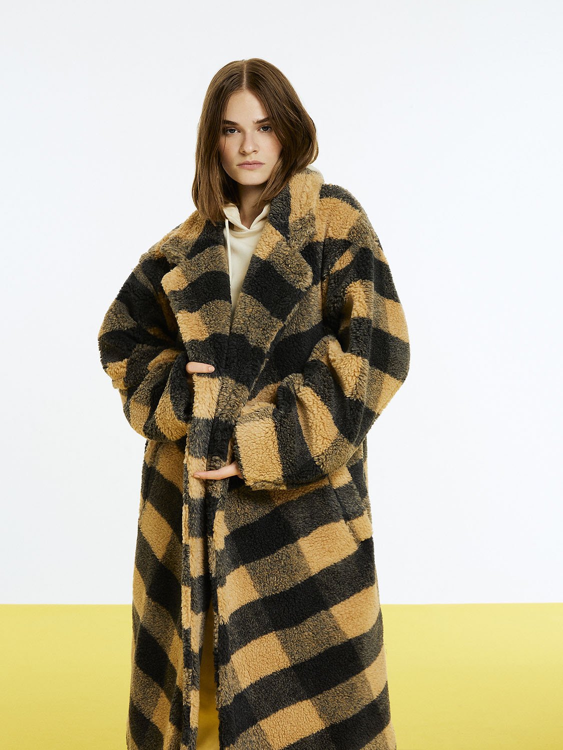 Double Breasted Plaid Faux Fur Coat Bronze Aphrodite