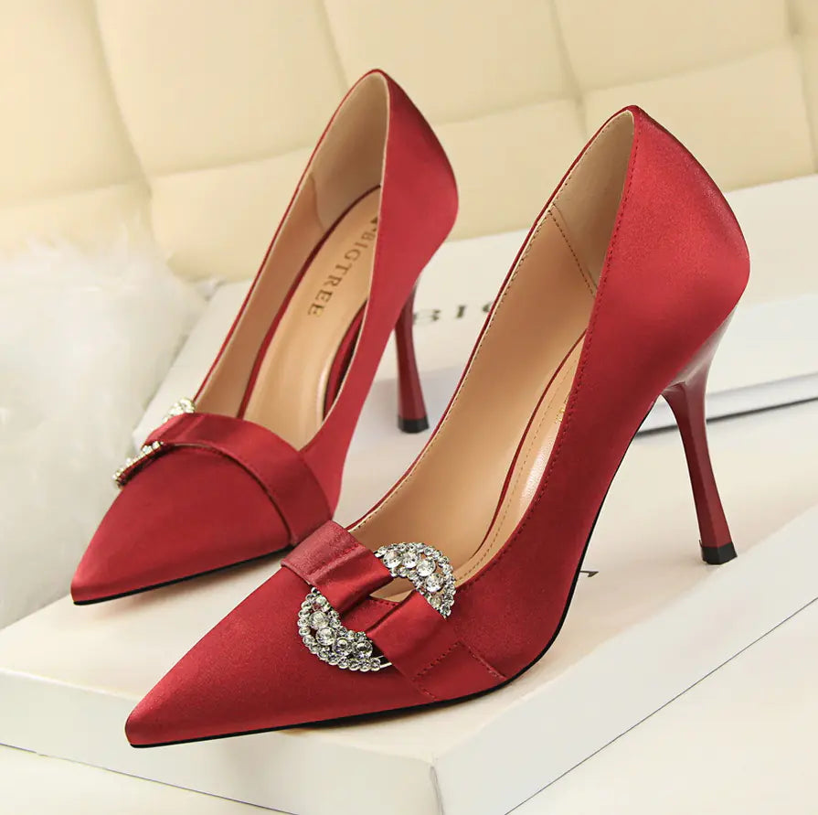 Women's satin pointed toe high heel shoes with rhinestone buckle, elegant Trendy Attic Store01 footwear.