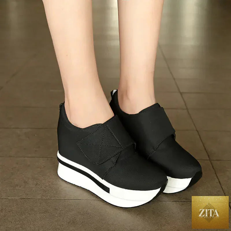Korean style thick sole platform women sneakers with height increase, featuring stylish design and comfortable fit.