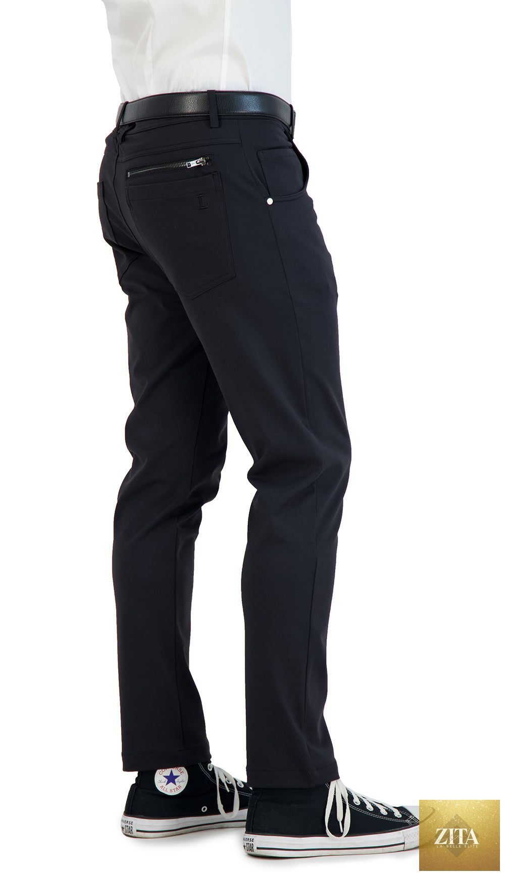 Black men's casual stretch chinos from LEVINAS® Performance Collection, featuring a modern fit and comfortable design.