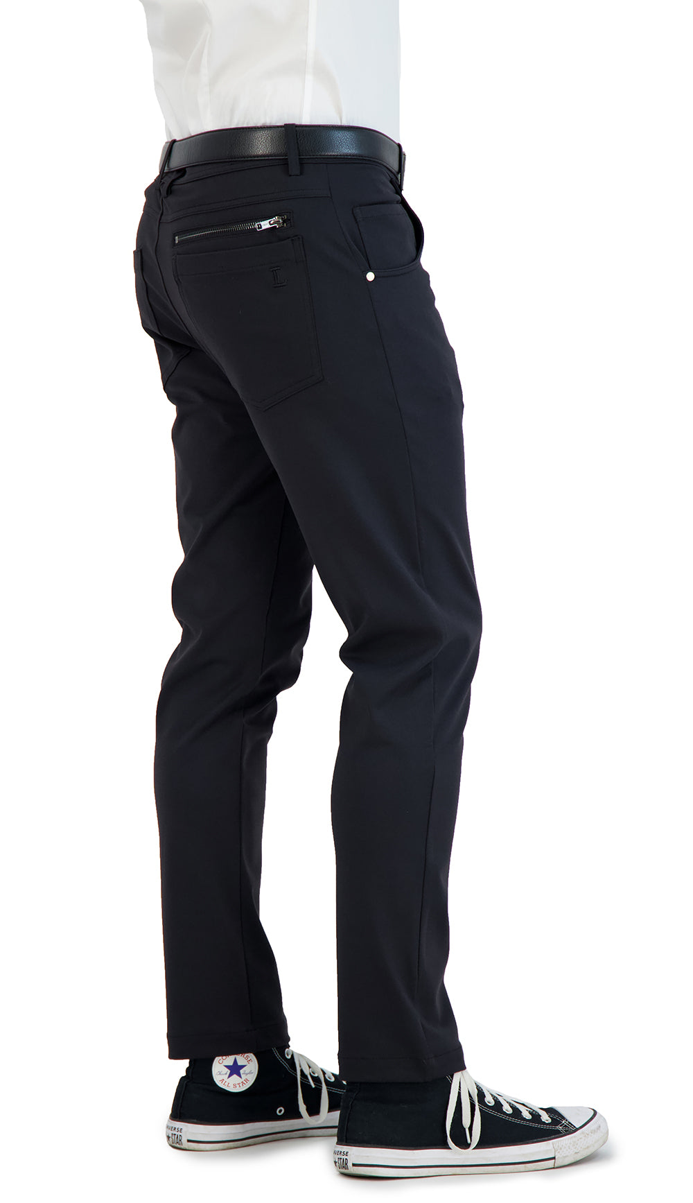 Black men's casual stretch chinos from LEVINAS® Performance Collection, featuring a modern fit and comfortable design.