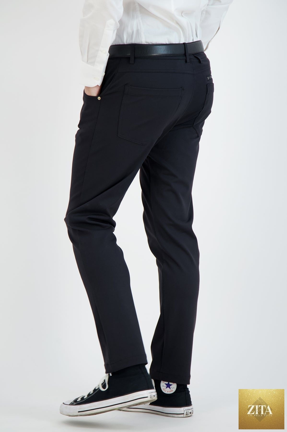 Black men's casual stretch chinos by LEVINAS® Official from the Performance Collection, showing the fit and fabric texture.