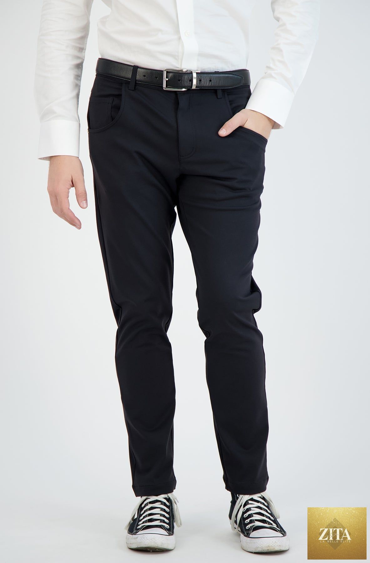 Black men's casual stretch chinos from LEVINAS® Performance Collection, featuring a tailored fit and comfortable stretch fabric.