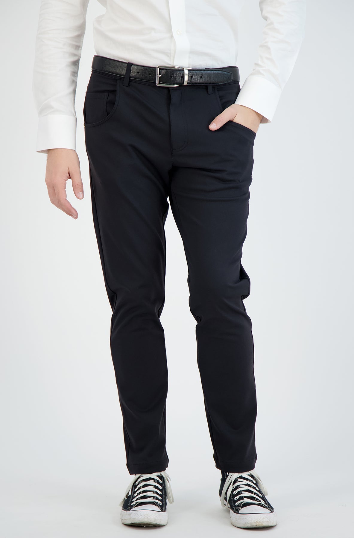 Black men's casual stretch chinos from LEVINAS® Performance Collection, featuring a tailored fit and comfortable stretch fabric.