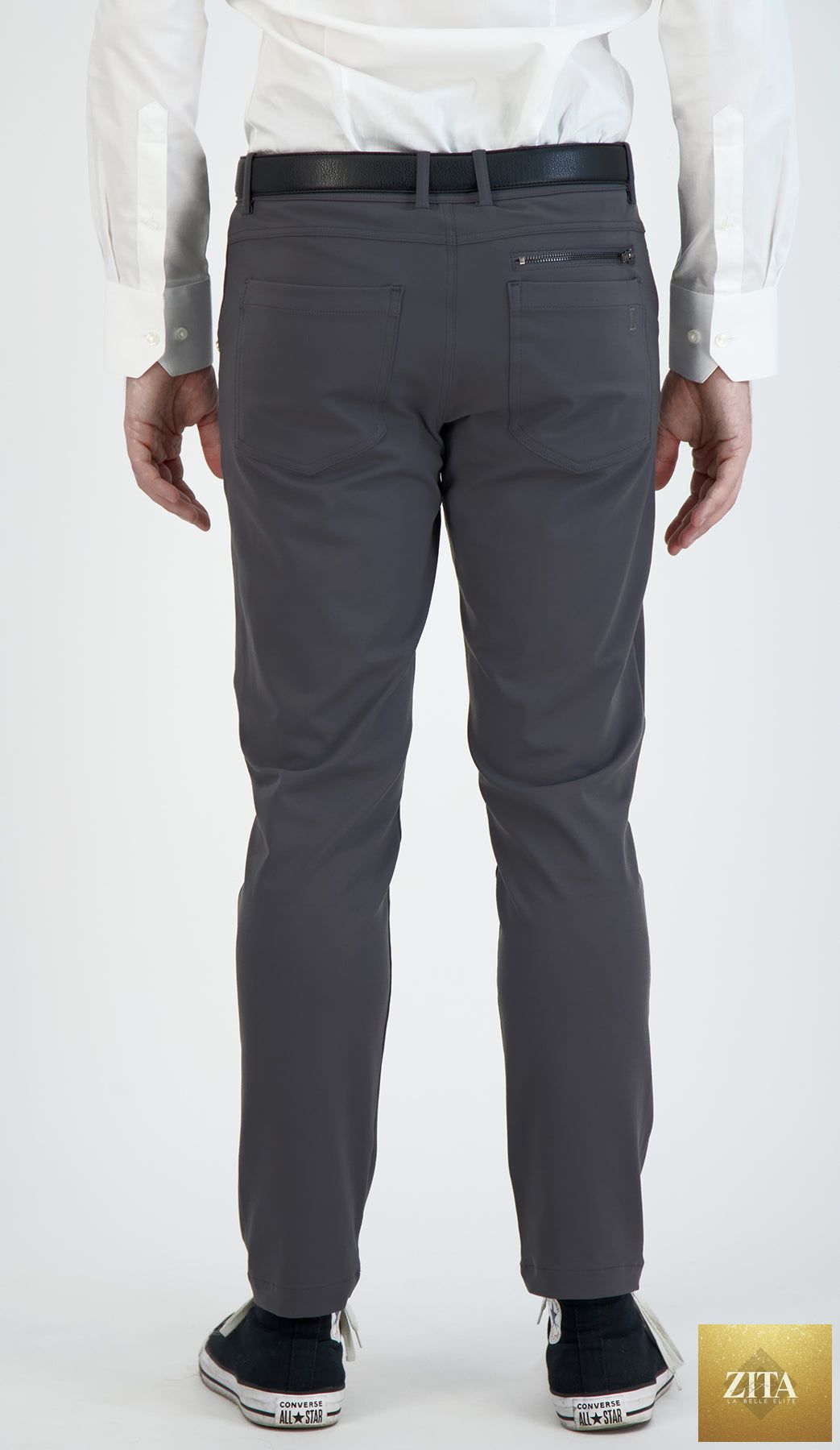 Dark charcoal men's chinos from LEVINAS® Super Stretch Casual Performance Collection, showcasing the comfortable, tailored pants.