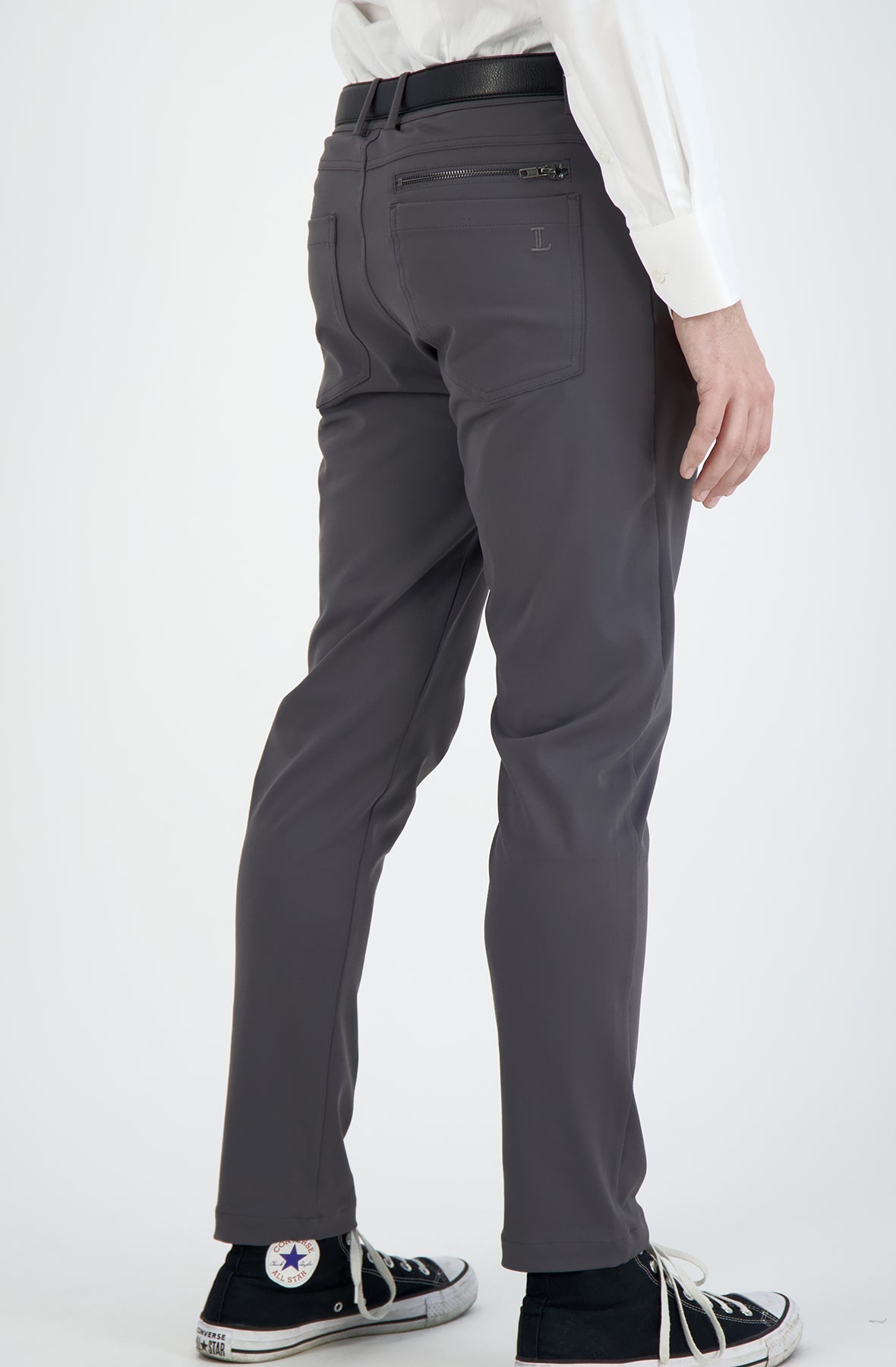 Dark charcoal men's stretch chinos from LEVINAS® Performance Collection, casual pants with a comfortable, tailored fit.