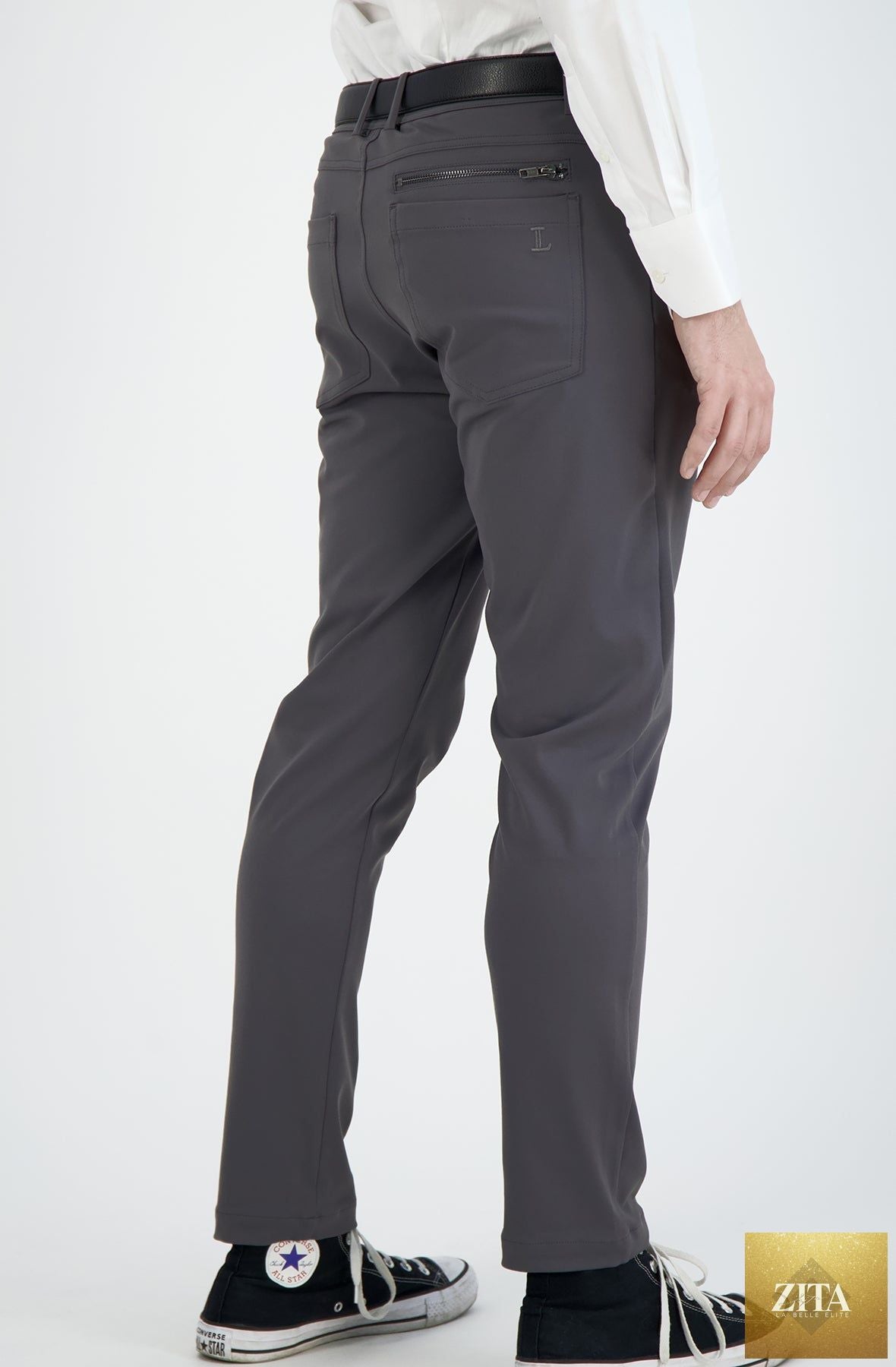 Dark charcoal men's stretch chinos from LEVINAS® Performance Collection, casual pants with a comfortable, tailored fit.