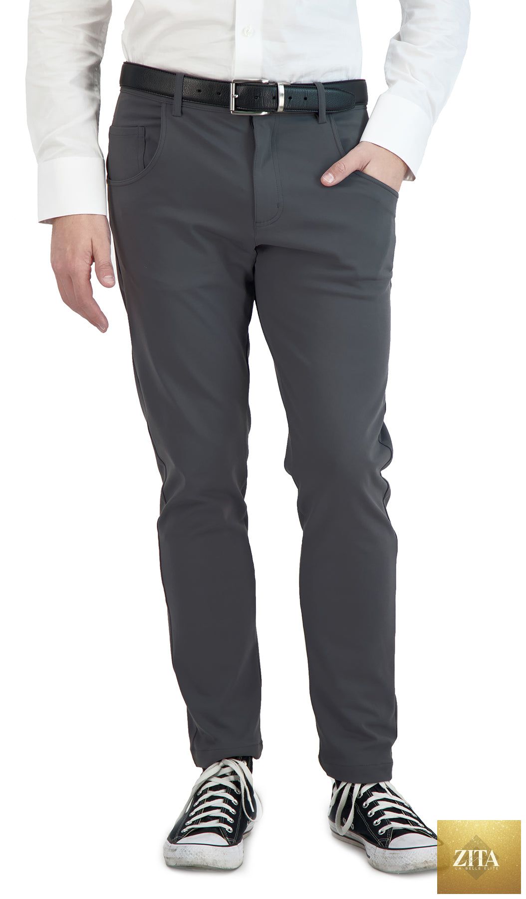 Dark charcoal men's chino pants from LEVINAS® Official, made with super stretch fabric for casual, comfortable wear.
