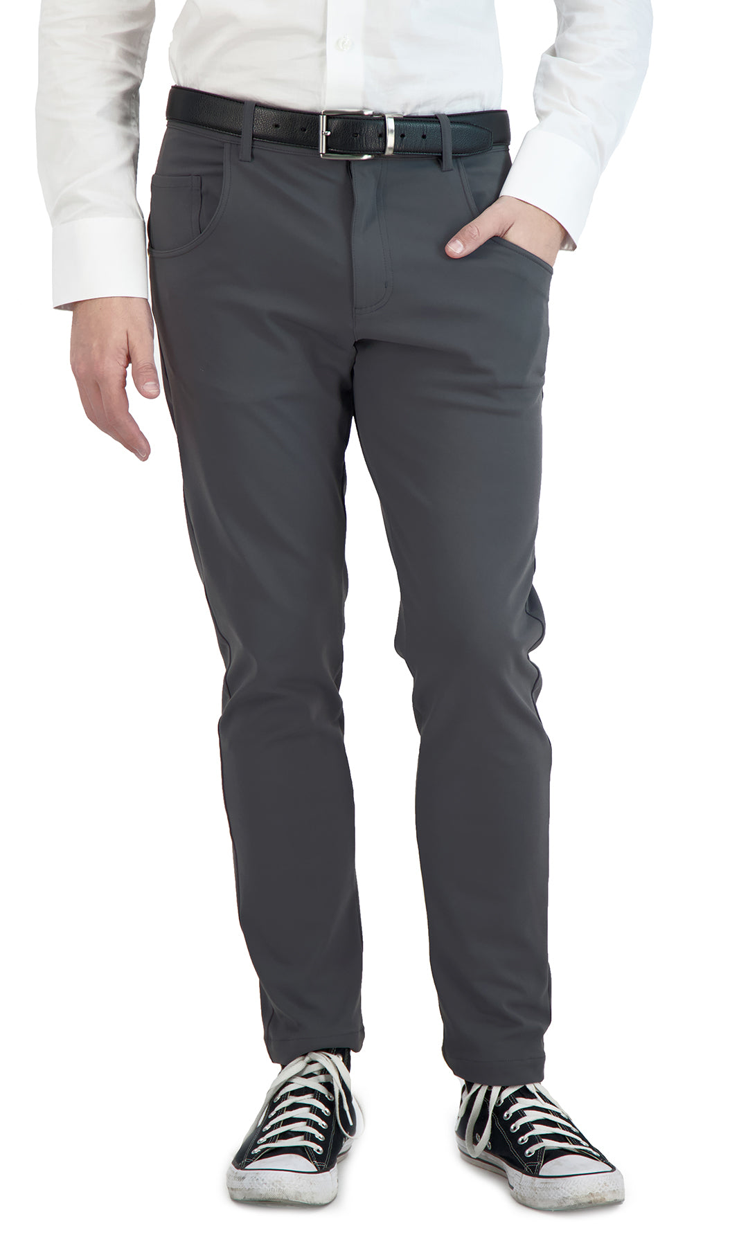 Dark charcoal men's chino pants from LEVINAS® Official, made with super stretch fabric for casual, comfortable wear.