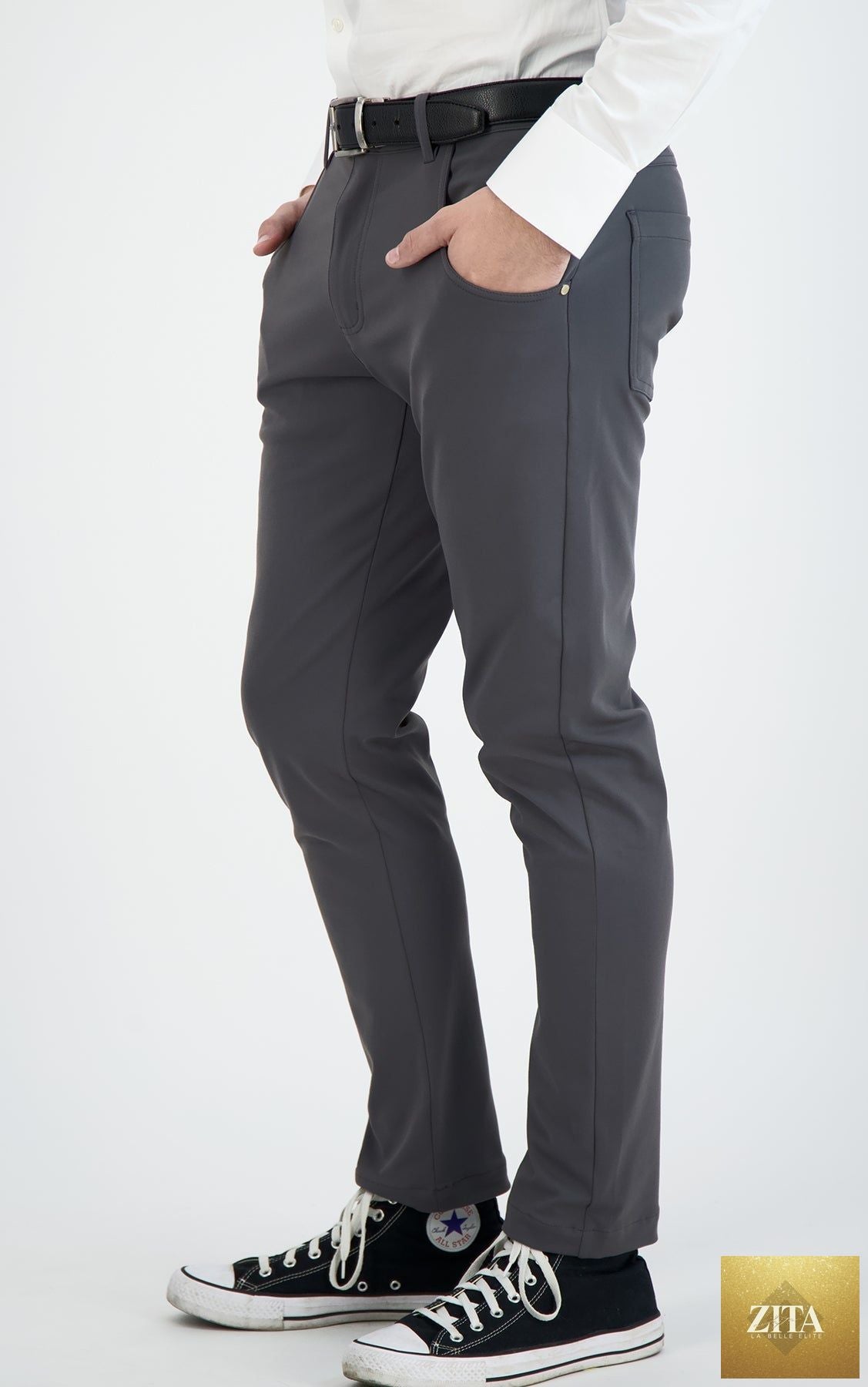 Dark charcoal men's chinos from LEVINAS® Super Stretch Casual Pants, updated performance collection, showcasing comfortable fit and modern style.