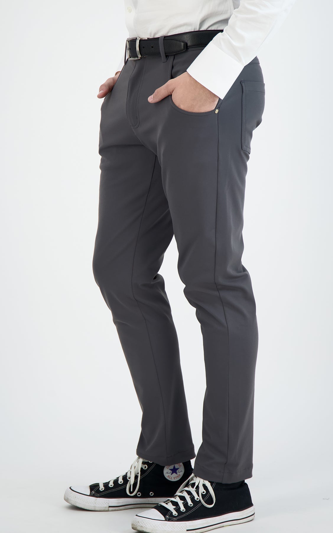 Dark charcoal men's chinos from LEVINAS® Super Stretch Casual Pants, updated performance collection, showcasing comfortable fit and modern style.