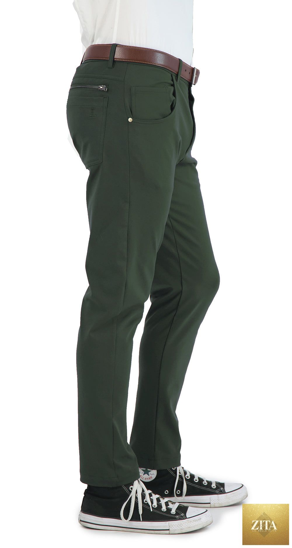 Men's casual olive Super Stretch chinos by LEVINAS® Official, featuring a comfortable fit and modern performance collection design.